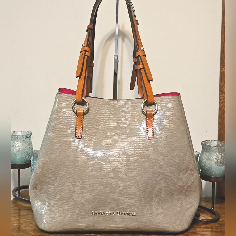 Dooney & Bourke Tan Leather Patterned Bag, with Red Interior